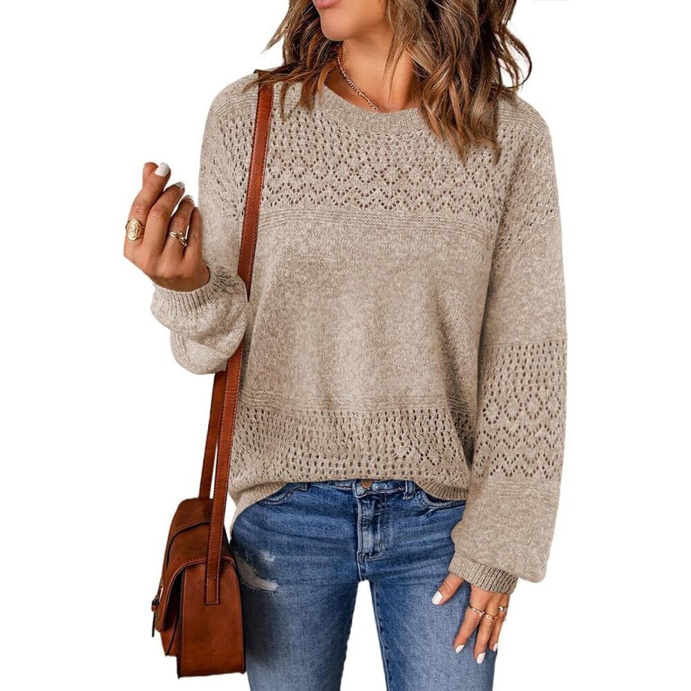 Womens Crochet Sweater Lightweight Knit Long Sleeve Boho Casual Top